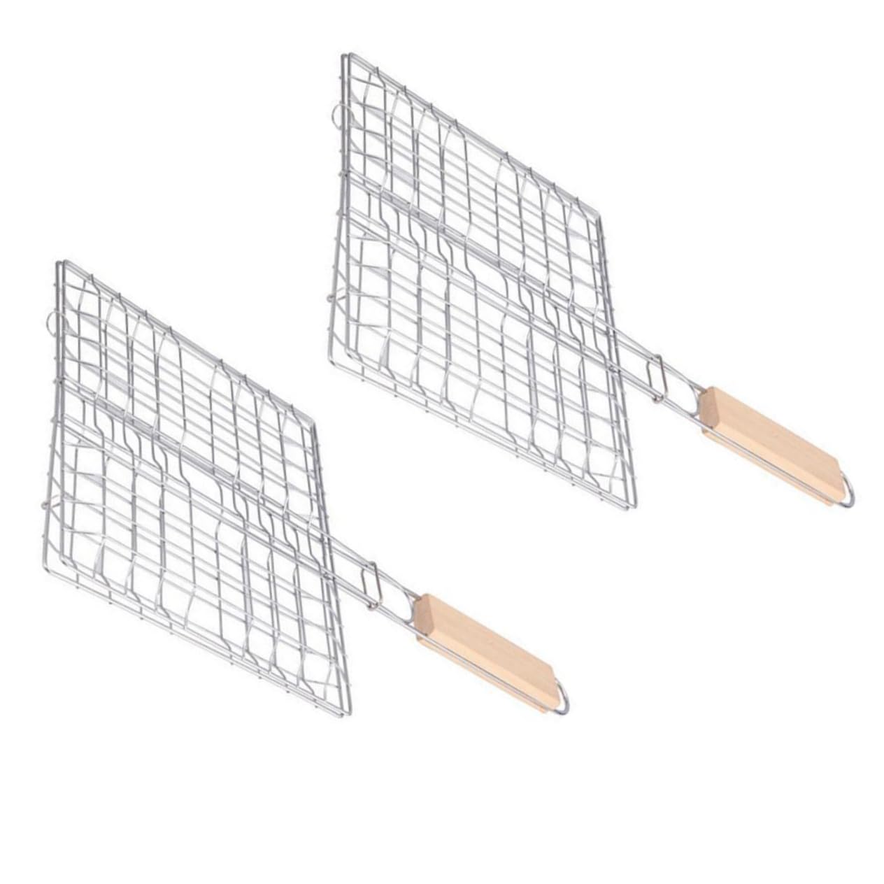 FONDOTIN 2Pcs Stainless Steel Barbecue Net Foldable Square Grill for Outdoor BBQ Durable Picnic Supplies with Wooden Handle Easy to Use and Practical for Evenly Grilled Food