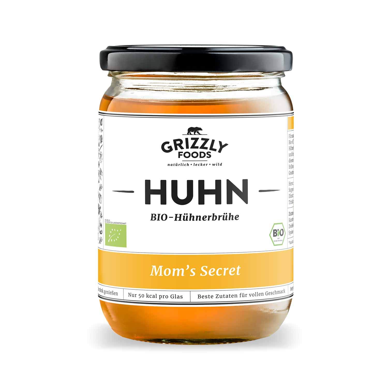 Grizzly Foods • BIO Hühnerbrühe (6 x 500ml) • 100% natürlich • Ohne Zucker & Geschmacksverstärker • Lange gekocht • Wertvolle Nährwerte • Fleischbrühe, Fond, Bouillon