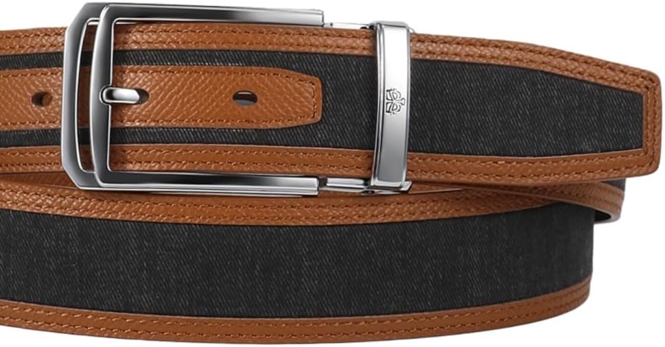 Dual-Material Leather & Denim Cotton Fabric Belt – A Comfortable, Adjustable Belt with Silver Pin Buckle.