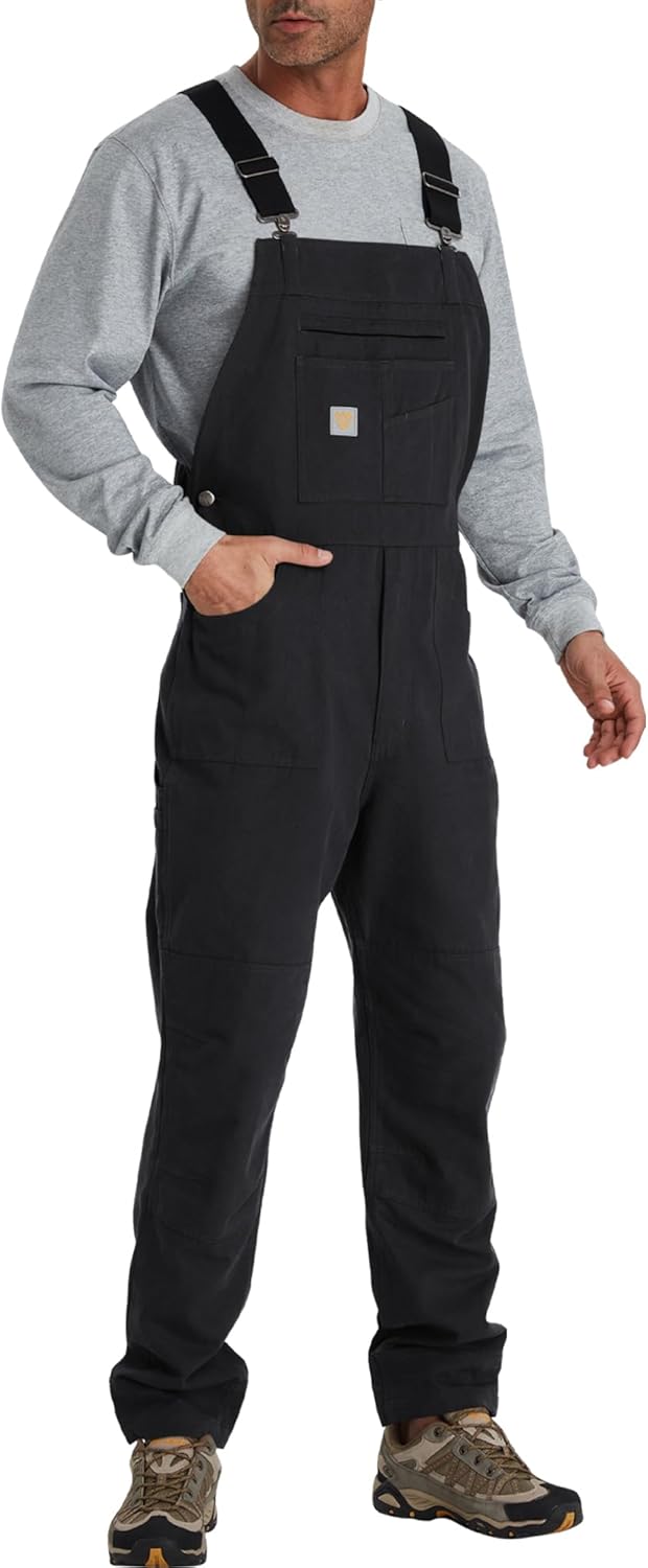 Men's Duck Bib Overalls - Double Front Unlined Utility Canvas Workwear with Adjustable Straps & Multiple Tool Pockets