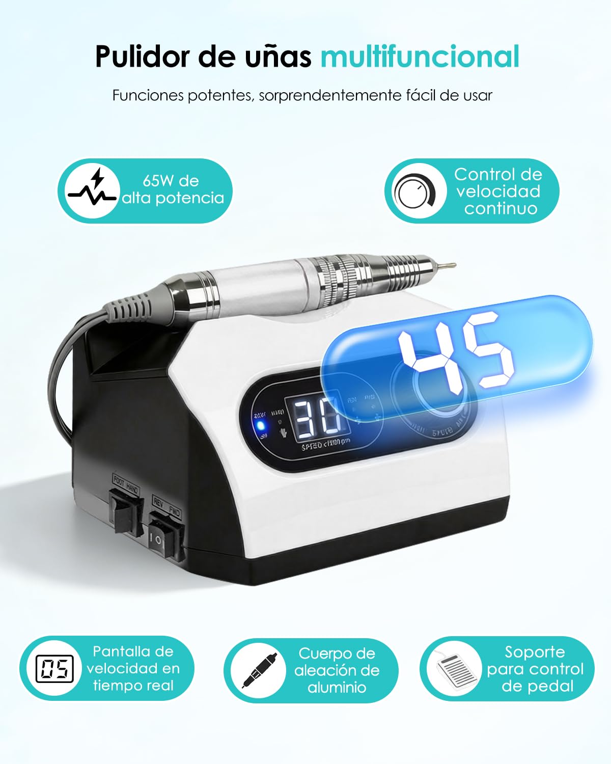 CozyZen Lima Eléctrica de Uñas Profesional 35000 RPM con Pedal | Máquina de Lijado de Uñas Enchufable con Pantalla LED, Control de Velocidad, 6 Fresas para Acrílico, Gel, Hogar y Salón