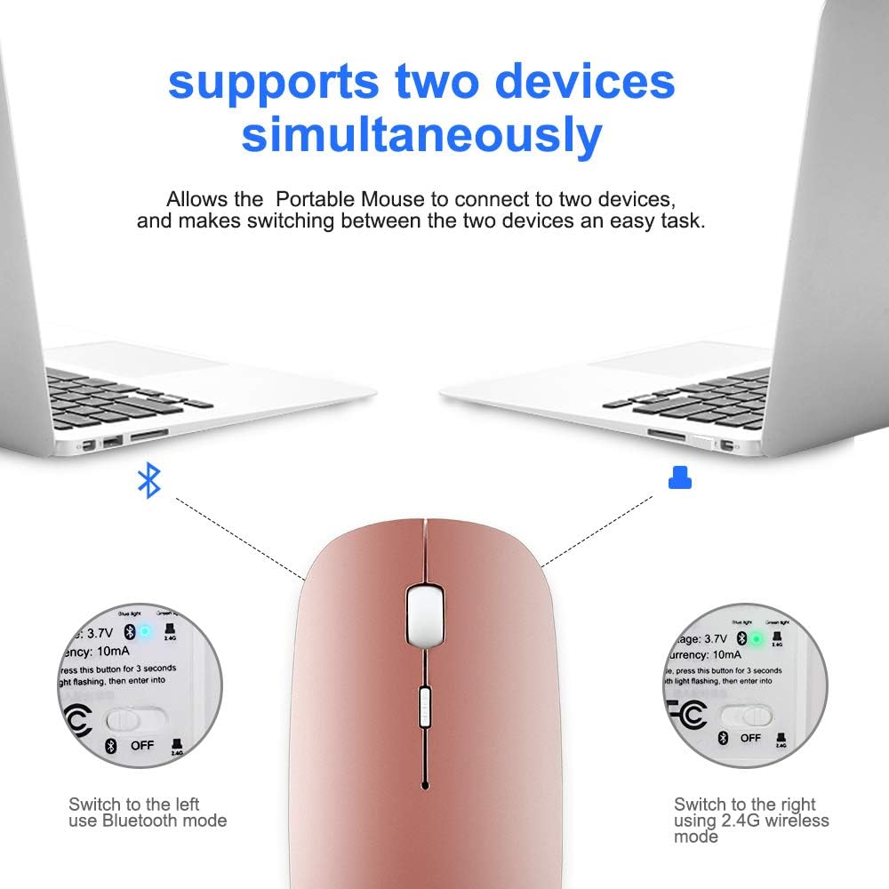 Bluetooth Wireless Mouse, Dual Mode Slim Rechargeable Wireless Mouse Silent Cordless Mouse with Bluetooth 4.0 and 2.4G Wireless, Compatible with Laptop, PC, Windows Mac Android OS Tablet (Rose Gold)