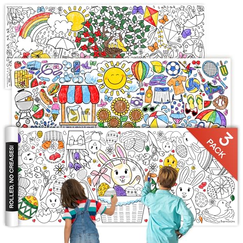 Tiny Expressions - 3-Pack Large Holiday Coloring Tablecloth for Kids - Easter, Spring, Summer Themes - Rolled, No Creases 30