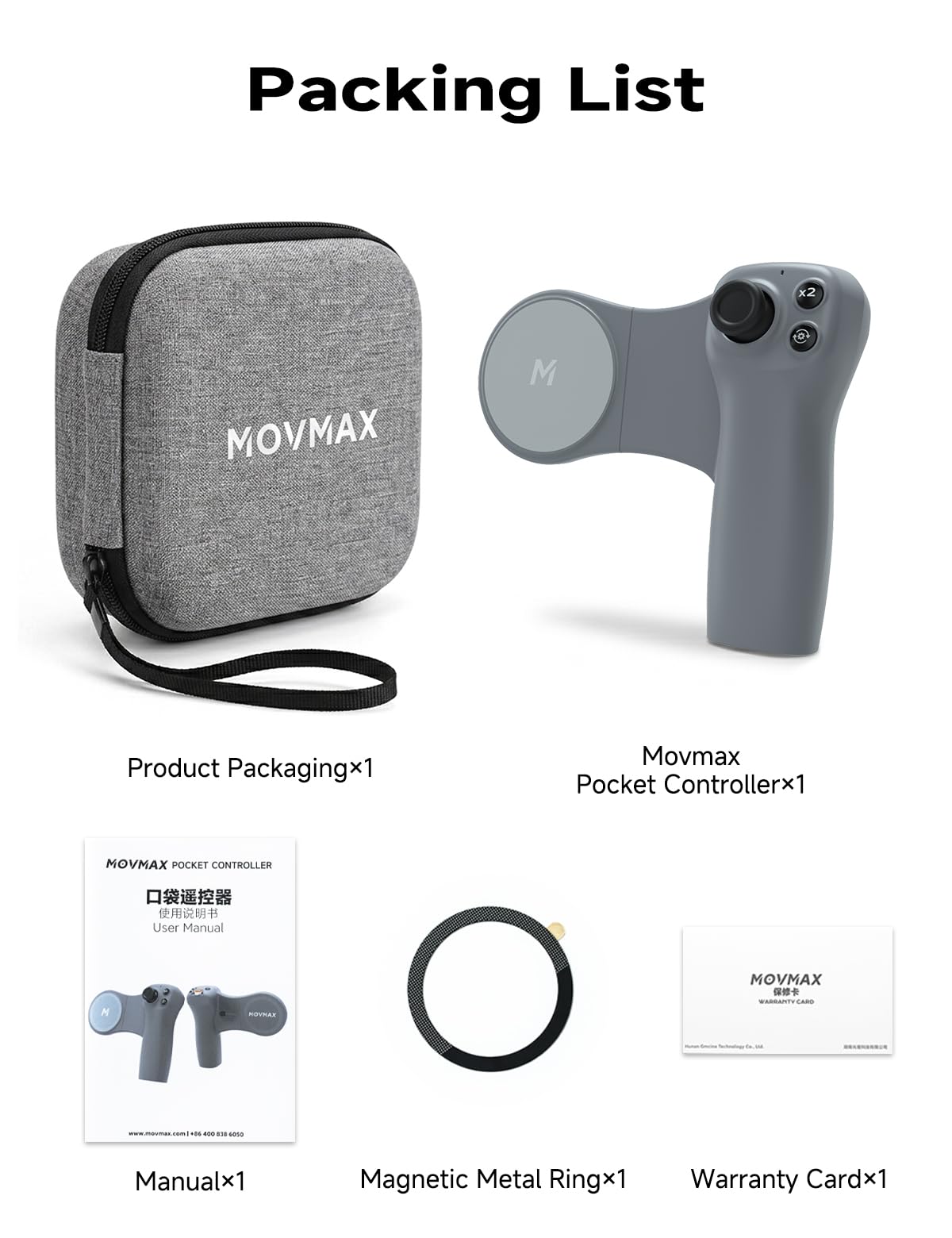 MOVMAX Pocket Controller mit Aufbewahrungstasche für DJI Osmo Pocket 4/3/2, kabellose Bluetooth-Fernbedienung mit Hall-Joystick, MagSafe-Handyhalterung und schützender Tragetasche
