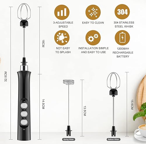Miniatura 3 de Espumador de leche eléctrico de mano, espumador de café recargable por USB con 2 batidores de acero inoxidable, mini licuadora ajustable de 3