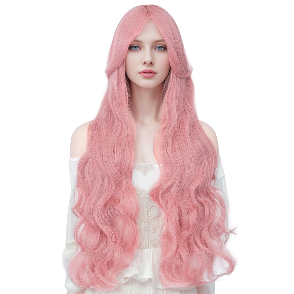 Yamel Hair Wigs for Women 32 Inch Long Curly Baby Pink Synthetic Wig Adjustable Middle Part Anime Wigs for Cosplay Party Daily Use