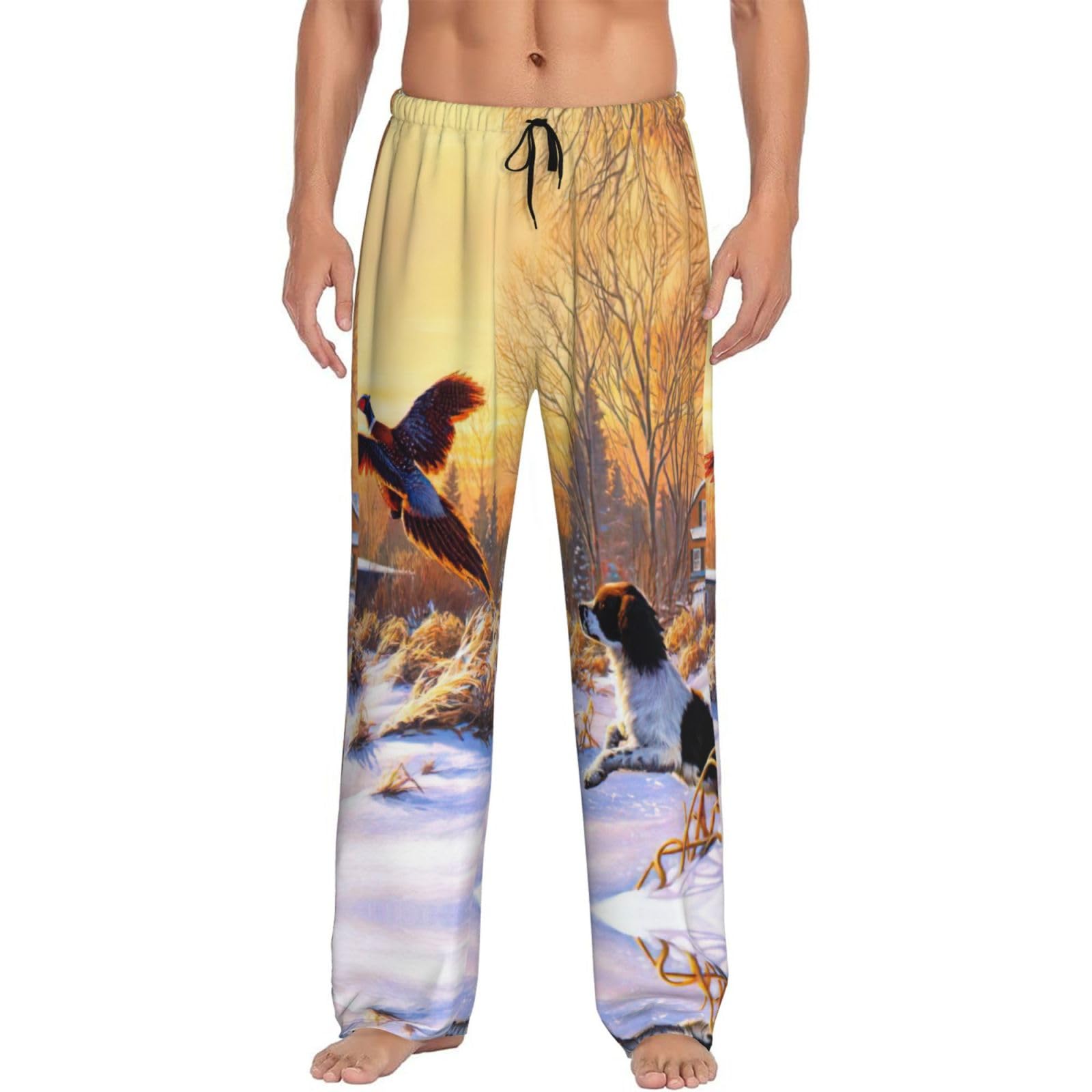 Cchgnm Men's Black Dog Catching Pheasant Print Pajamas,Soft Drawstring Pocket Pajamas,Casual Sleep Pajamas
