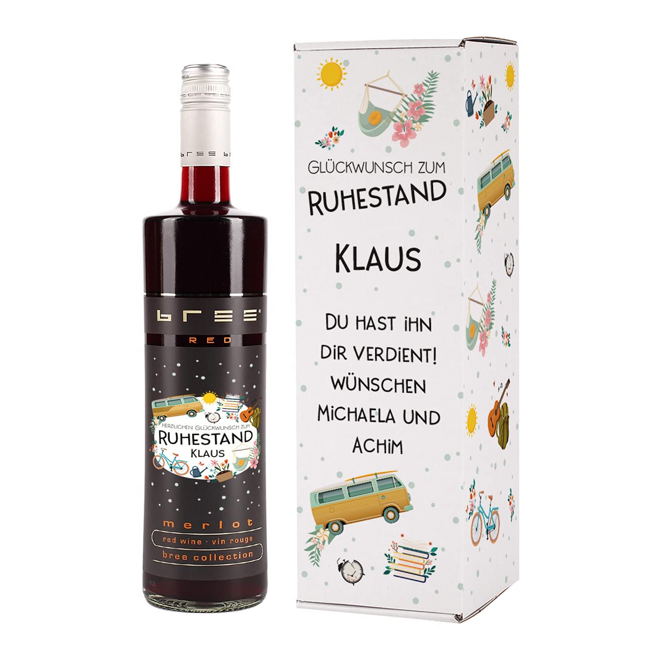 Herz & Heim® Bree Wein 0,75l als Abschiedsgeschenk zur Rente mit bedruckter Geschenkverpackung Rot