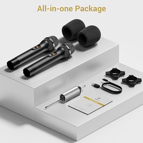 Miniatura 9 de TONOR Micrófono inalámbrico, UHF Dual Wireless Metal Dynamic Mic System con receptor recargable (negro)