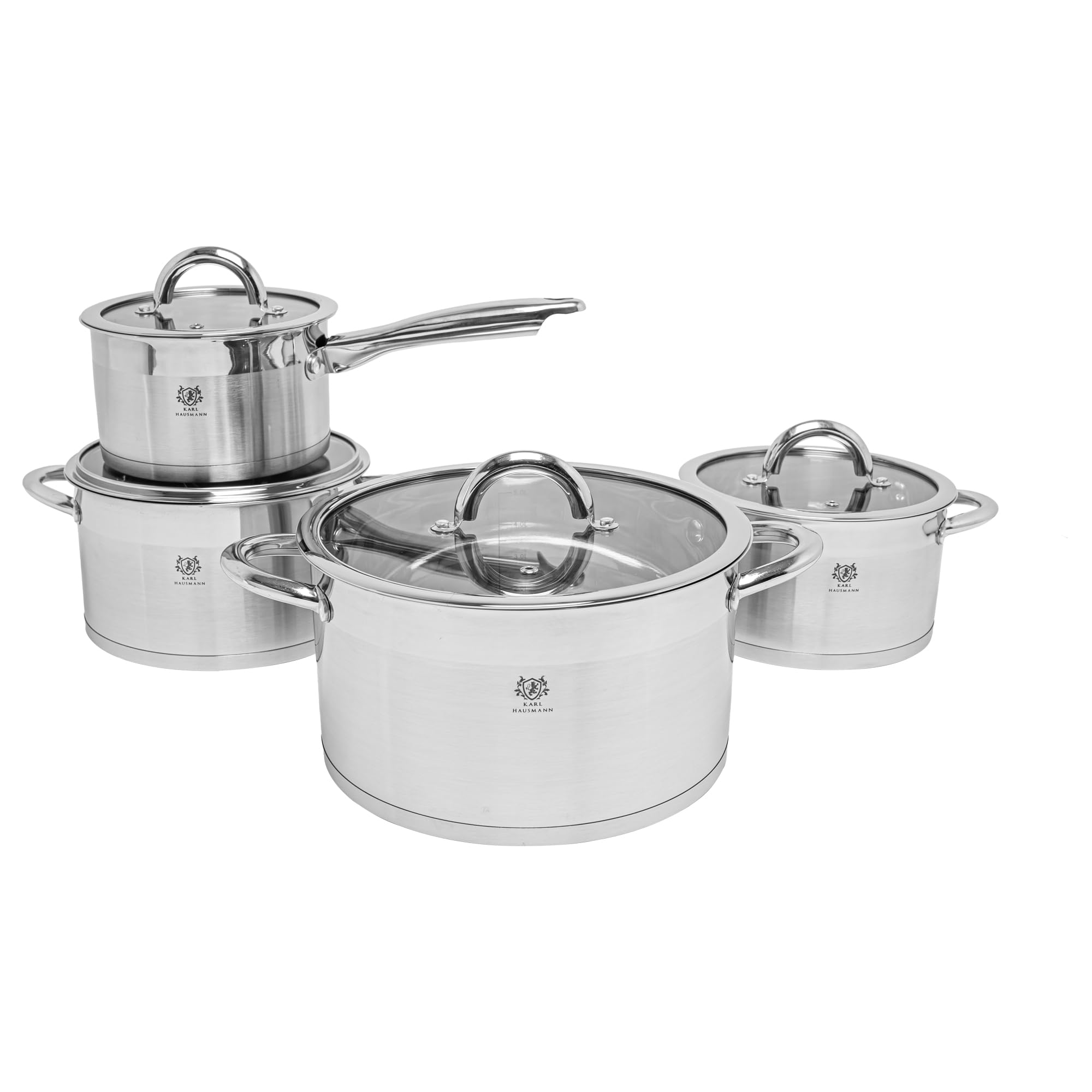 KARL HAUSMANN Topfset Induktion aus Edelstahl, 8-teilig, mit Stieltopf | Töpfe set 1.9-6.1 L, 4 Glasdeckel mit Dampföffnungen, Innenskalen, außen gebürstet, Kochtopf innen glänzend