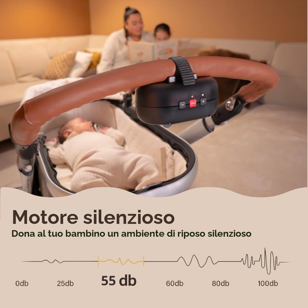 ZAZU Robby - Altalena automatica per passeggino, spessore regolabile, timer da 40 minuti, sensore da viaggio per bambini, ricaricabile USB-C, impermeabile, universale per passeggino e passeggino