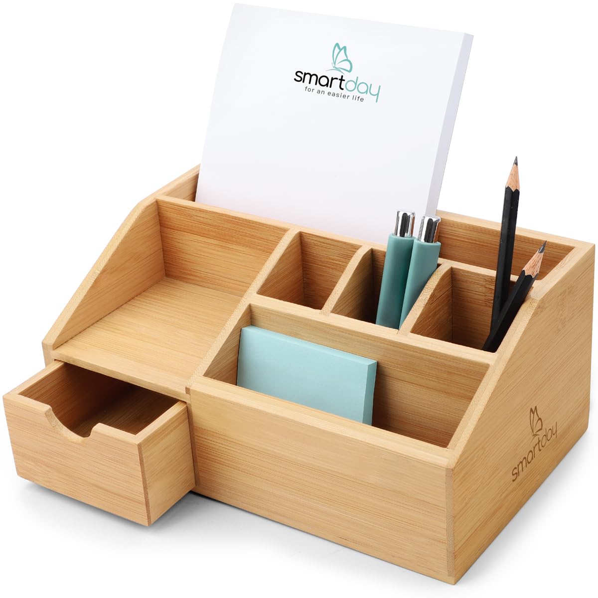 smartday Organizador de escritorio de madera con cajón - Caja de lápices, organizador de escritorio, organizador de oficina, estante, portalápices de bambú para escritorio, oficina, oficina en casa
