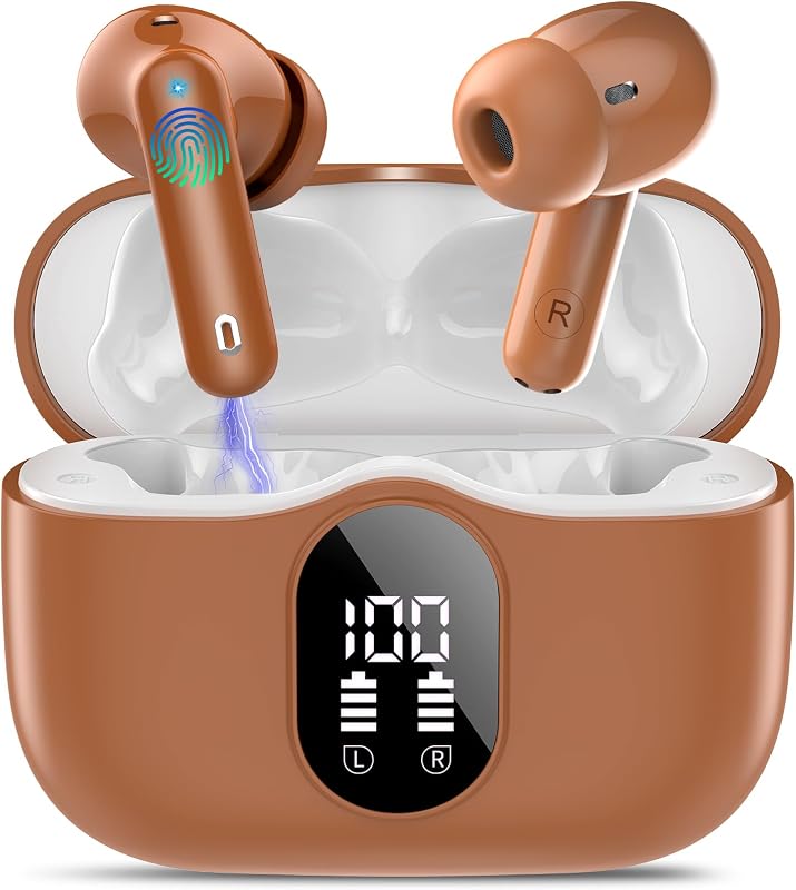 inalámbricos, auriculares Bluetooth 5.4 estéreo bajo/micrófono ENC, marrón | Auriculares con micrófono con cancelación de ruido, pantalla LED, 36H, IP7, resistentes al agua, para computadora portátil, teléfonos, deportes y entrenamiento