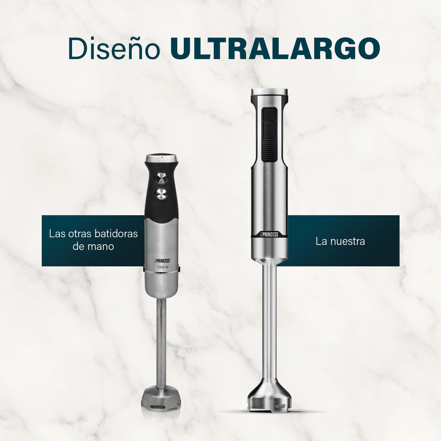 Princess Batidora de Mano de Acero Inoxidable Prof XXL, 1500W, Brazo Extra Largo 50 cm, 5 Velocidades + Turbo, 4 Cuchillas, Vaso con Tapa Antideslizante, Apta Lavavajillas, 221233