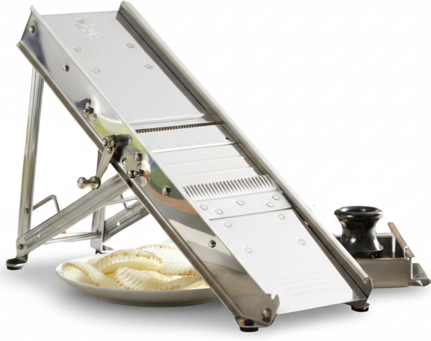 ICO Bron Coucke Professional Mandoline Slicer by Tellier with Hand Guard – Heavy Duty Stainless Steel Mandoline Slicer for Kitchen – Adjustable Straight, Julienne, & Waffle Blades – Crafted in France