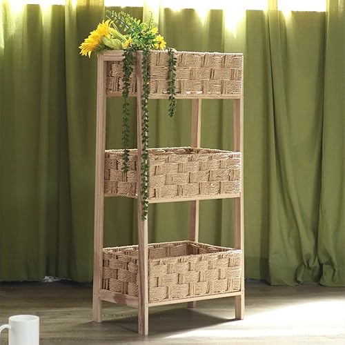 Miniatura 7 de Soporte de cesta tejido a mano de 3 niveles, estantes de almacenamiento de madera, soporte de cesta escalonada estilo bohemio de granja, estante de