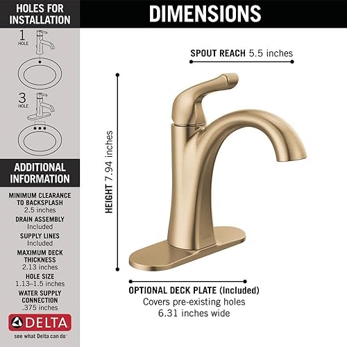 Miniatura 3 de Delta Faucet Arvo - Grifo de baño de un solo agujero, grifo de baño dorado, grifo de baño de una sola manija, grifo de fregadero de baño, conjunto