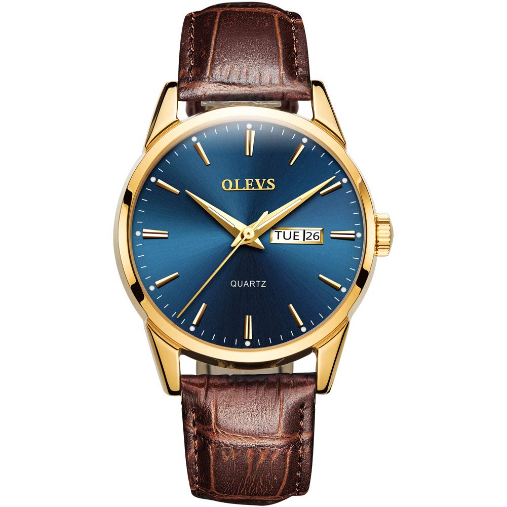 OLEVSOLEVS Watches for Men Brown Leather Gold Case Analog Quartz Fashion Business Dress Watch Day Date Luminous Waterproof Casual Male Wrist Watches
