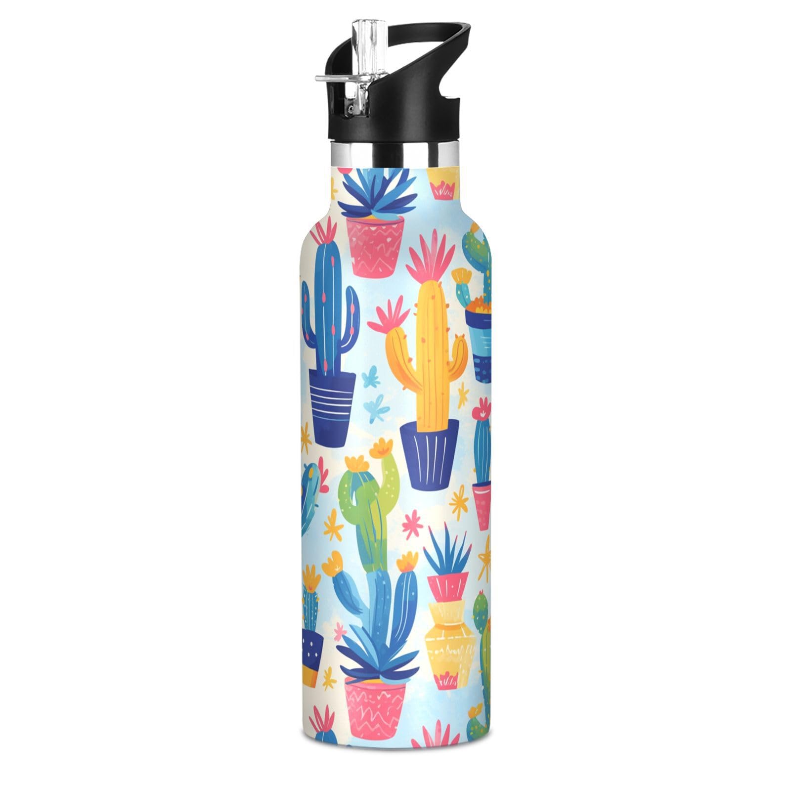 Kaaviyo Boys Pattern Vibrant Cacti Growing Bright Water Bottle Stainless Steel Jug Insulated Vacuum Cup For Girls(600Ml)