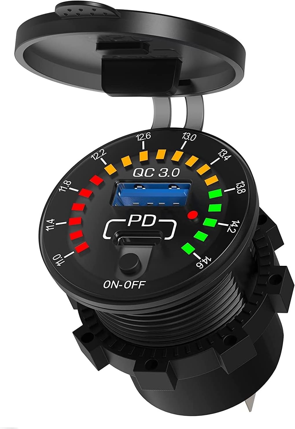 amiciSense 12V Quick Charger USB 3.0, Type C PD Fast Charge Outlet for Car Bike with LED Colored Bar Indicator