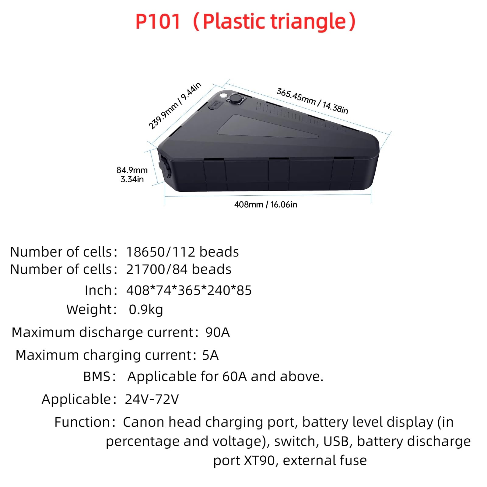 Batteria triangolare al litio 48V/52V/72V 30Ah per bici elettrica, con caricatore rapido + BMS, per moto elettrica e mountain bike 0–2000W (48V 20Ah)