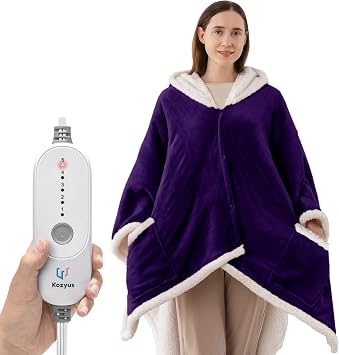 Wearable Heated Throw Blanket, Heated Shawl Electric Wrap Poncho with Hood & Pockets for Women & Men, 5 Heat Settings, 3H Auto-Off, Machine Washable, ETL Certified, Gift-Ready, 56x63, Purple