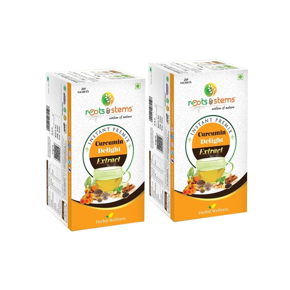 roots & stems Curcumin Delight Turmeric Tea | Instant Premix Extract Powder | Made of 9 Spices | For Skin & Joint Pain, Antioxidant & Antibacterial | 60g (3gx20 Sachets) Pack of 2 (B0B4G637HP) Amazon Price History, Amazon Price Tracker