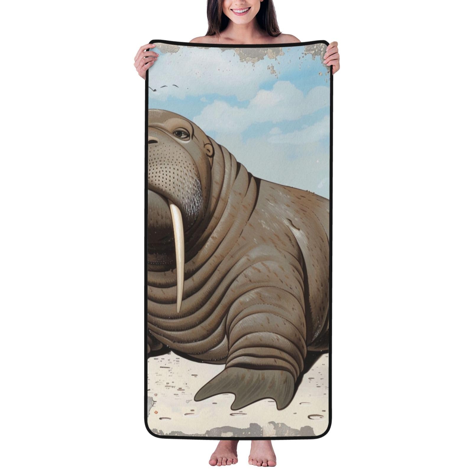 WPKJU Walrus Printed Bath Towel with Black Edging - 27x55 in Soft Extra Absorbent Coral Velvet Shower Towels for Bathroom