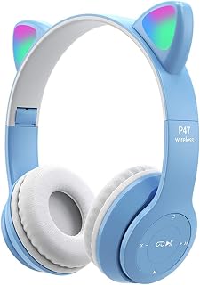 TGUS Wireless Gaming Headset, LED Light Up Cat Ear Shaped Headphones, Cartoon Luminous Head-mounted Stereo Bluetooth Headset, for Kids Adult(Blue)
