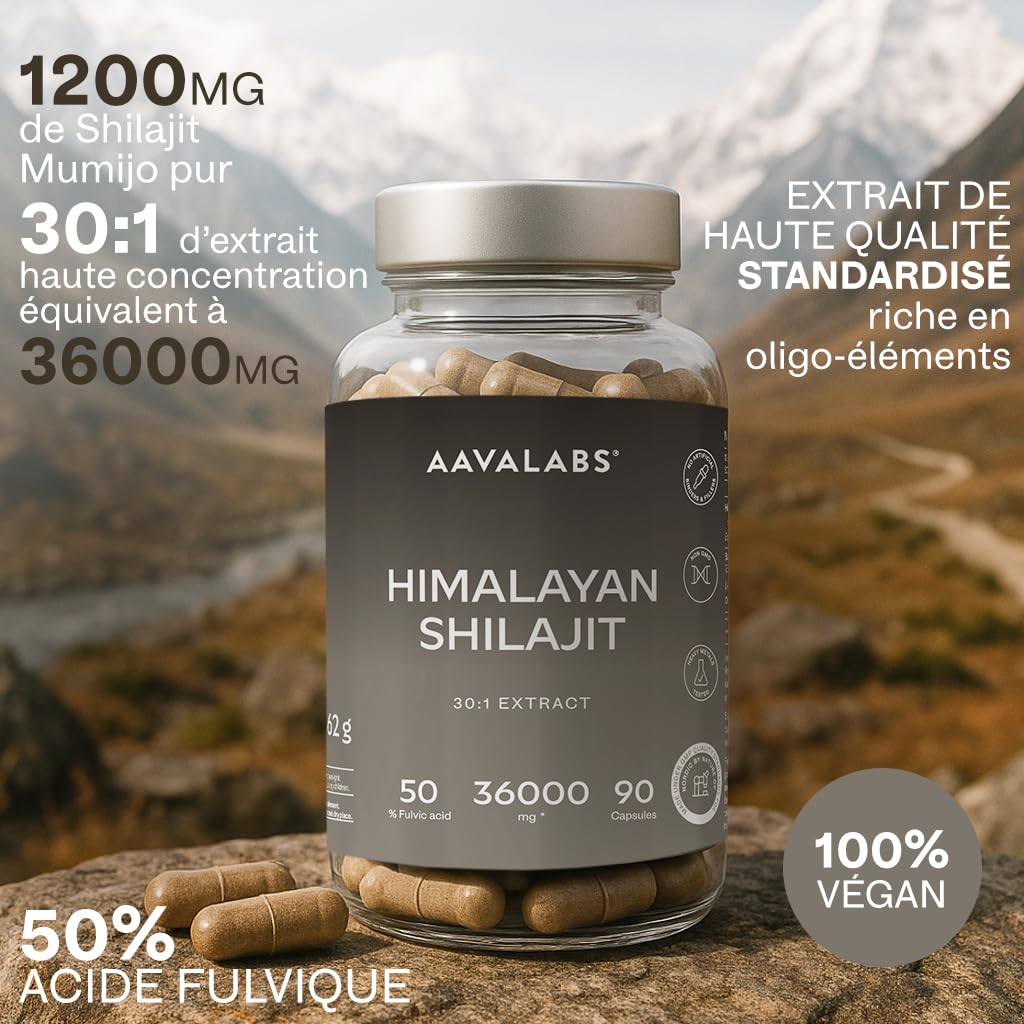 Shilajit Pure Himalaya 36000mg Extrait 30:1 | 50% Acide Fulviques Qualité Premium - Shilajite Energie et Immunité 100% Végétalien, Pur, Sans Additifs - 90 Pure Himalayan Shilajit Gélules