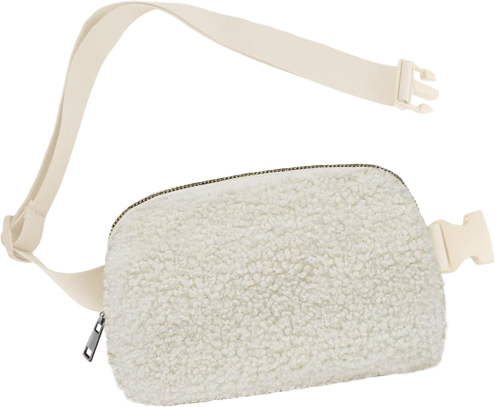 Small Fleece Belt Bag Fanny Waist Pack Crossbody Hip Chest Pouch with Adjustable Strap for Women Mom, Faux Sherpa Cross Body Traveling Everywhere Purse Christmas Trending Gift (White)