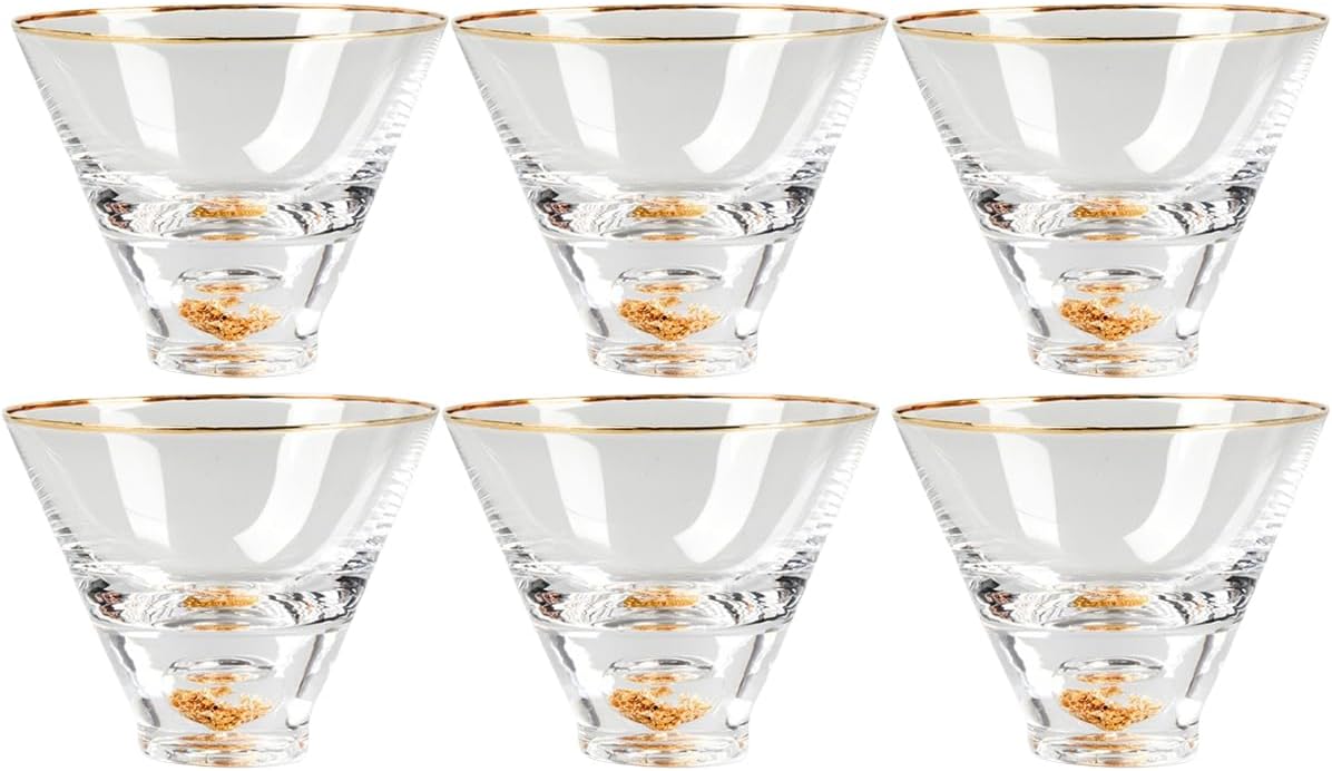 Luxury Stemless Martini Glasses, Set of 6, 8 oz Coupe Glasses with 24K Gold Rim – Elegant Glassware for Home Bars and Special Events (Set of 6)