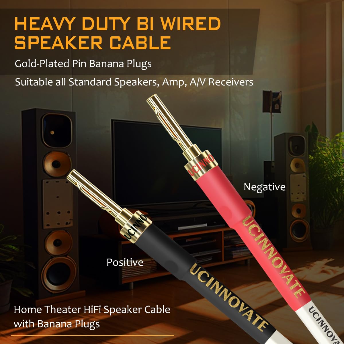 Confezione da 2 cavi per altoparlanti OFC da 14 AWG con spine a banana pin, HiFi artigianali da 1,5 m, bianco quadrato con connettori a banana placcati oro, cavo per altoparlanti per Hi-Fi e sistemi