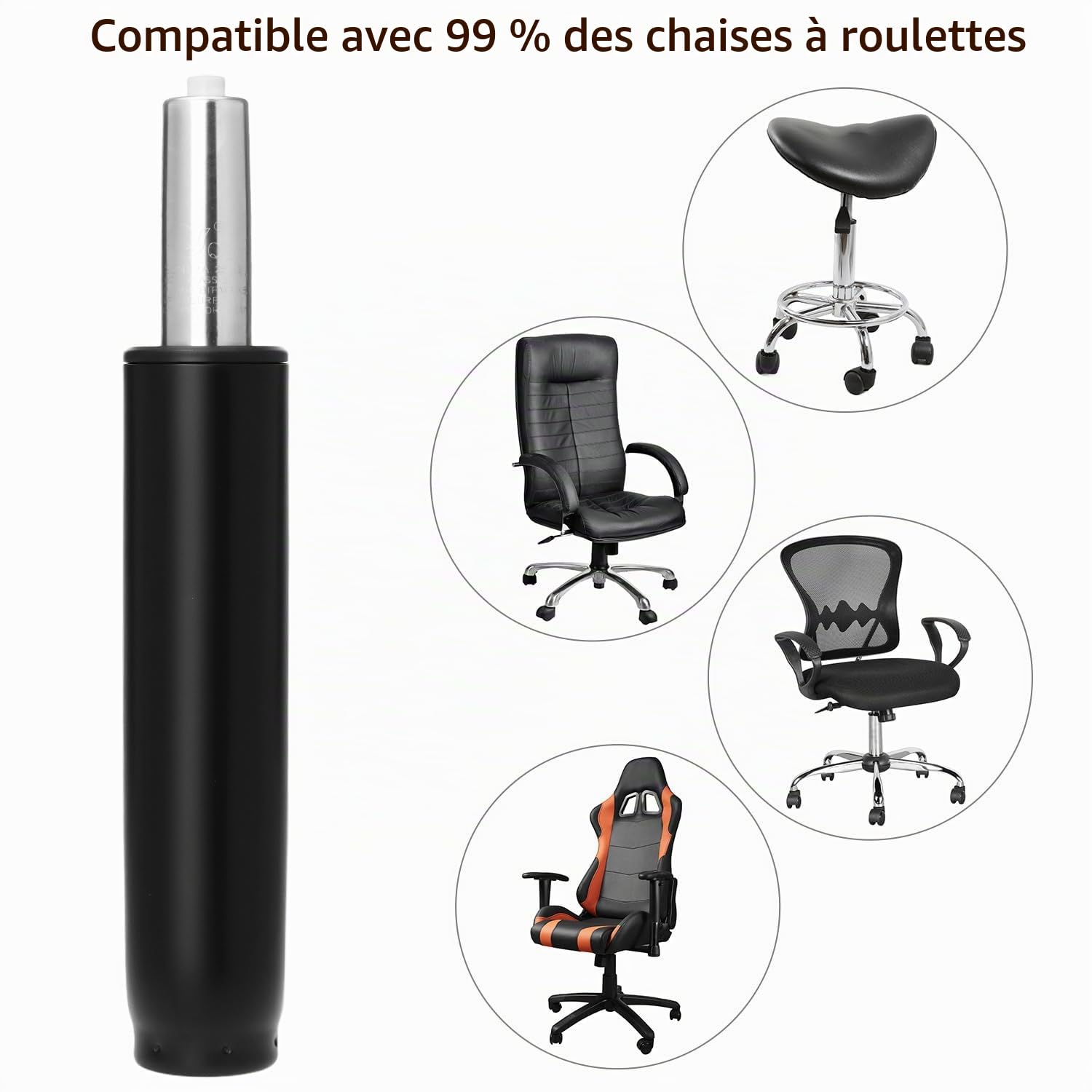 QWORK® Vérin à gaz pour chaise de bureau robuste, compatible avec la plupart des chaises de bureau, longueur totale 265-385 mm, noir, 300 kg
