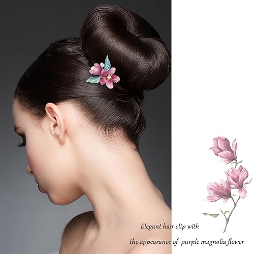 Miniatura 3 de Pasadores decorativos de flores para mujer, elegantes pinzas para el cabello con apariencia de flores de magnolia púrpura, pequeñas para baile de