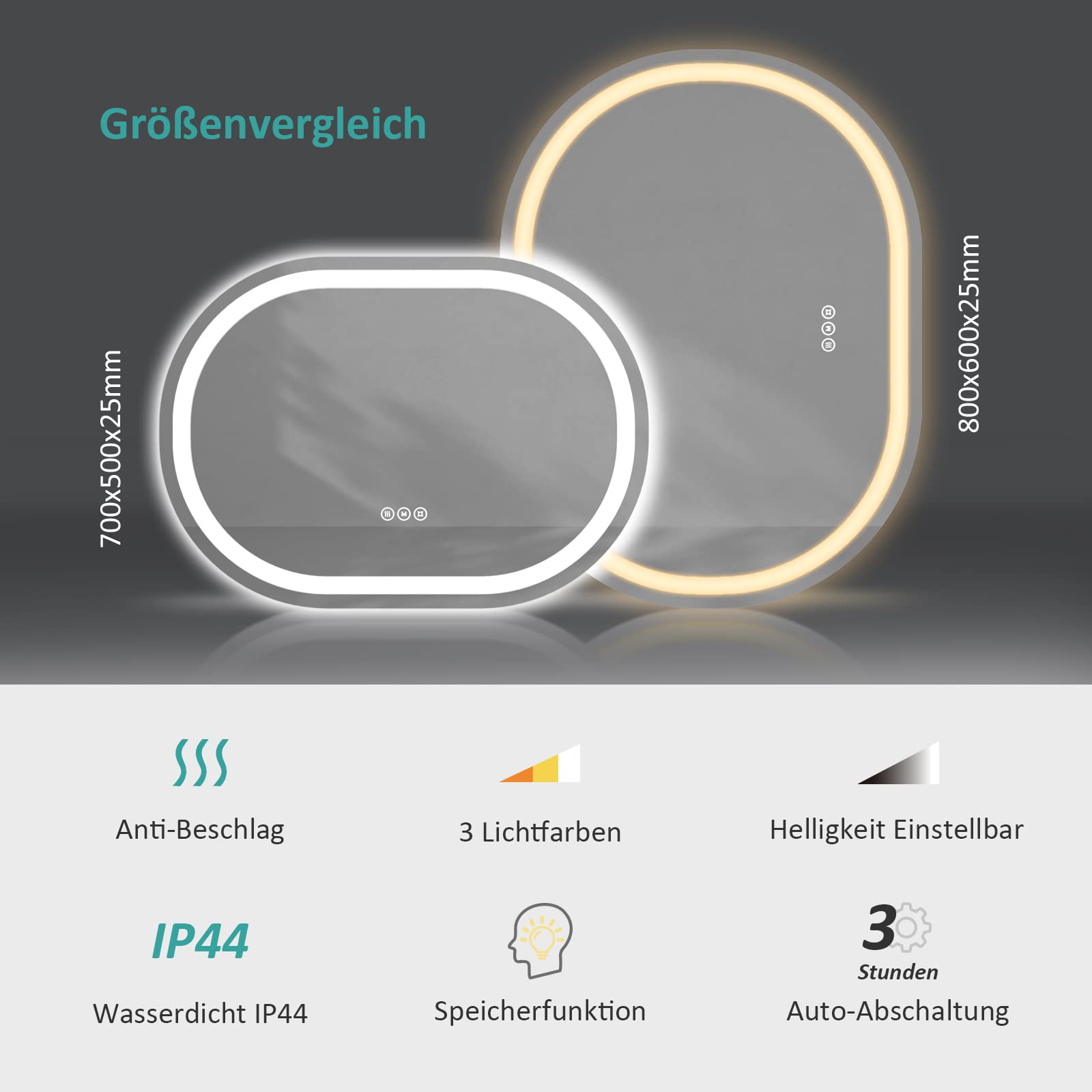 EMKE badspiegel mit Beleuchtung 50x70cm, Badezimmerspiegel mit Touchschalter, Beschlagfrei, 3 Lichtfarbe Dimmbar, Speicherfunktion Energiesparend Oval Spiegel mit Beleuchtung