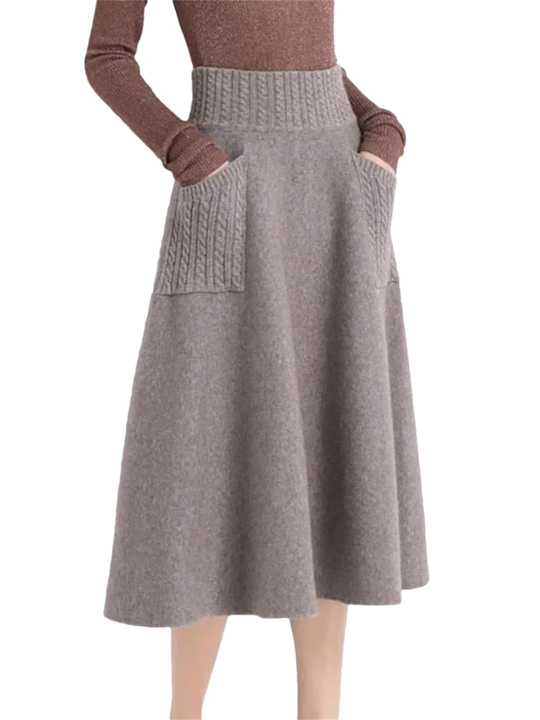 Yeuyyben Autunno Inverno Plus Size Maglia Lunga Gonna Moda Donna Elastico A Vita Alta Tasca A-Line Gonna Allentata