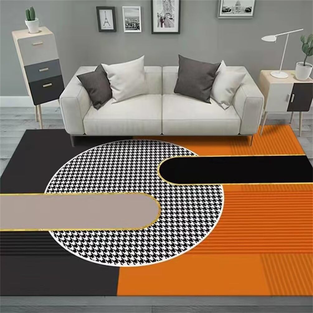 Tapis de salon moderne en damier orange noir et gris avec envers antidérapant