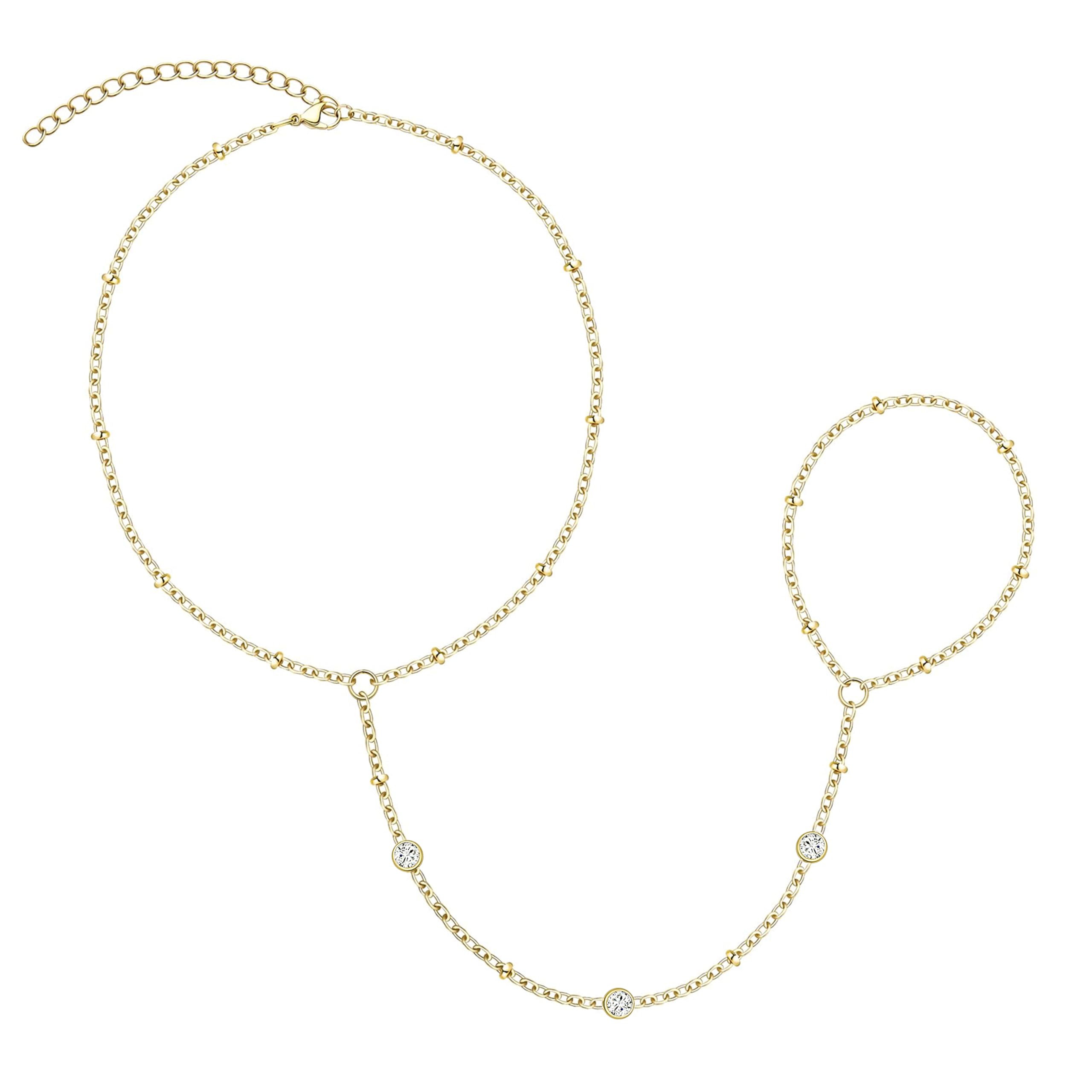 Gold Hand Chain Bracelet for Women Trendy, Dainty 14k Gold Plated Ring Bracelet Hand Chain Finger Ring Slave Cuff Bracelet Cubic Zircon Hand Jewelry for Women Accessories