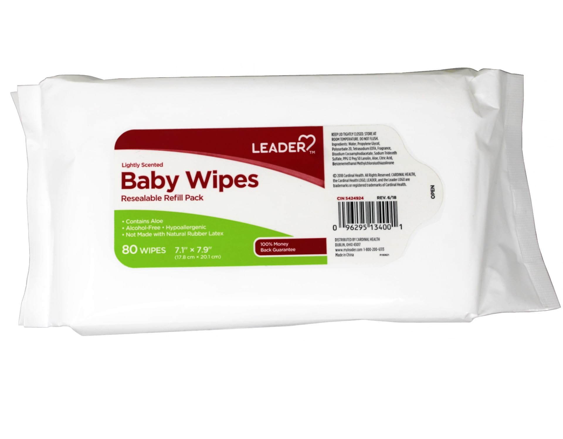 Leader Baby Wipes, Resealable Refill Pack, 7.1? x 7.9? (17.8 cm x 20.1 cm), Lightly Scented, 80 Count