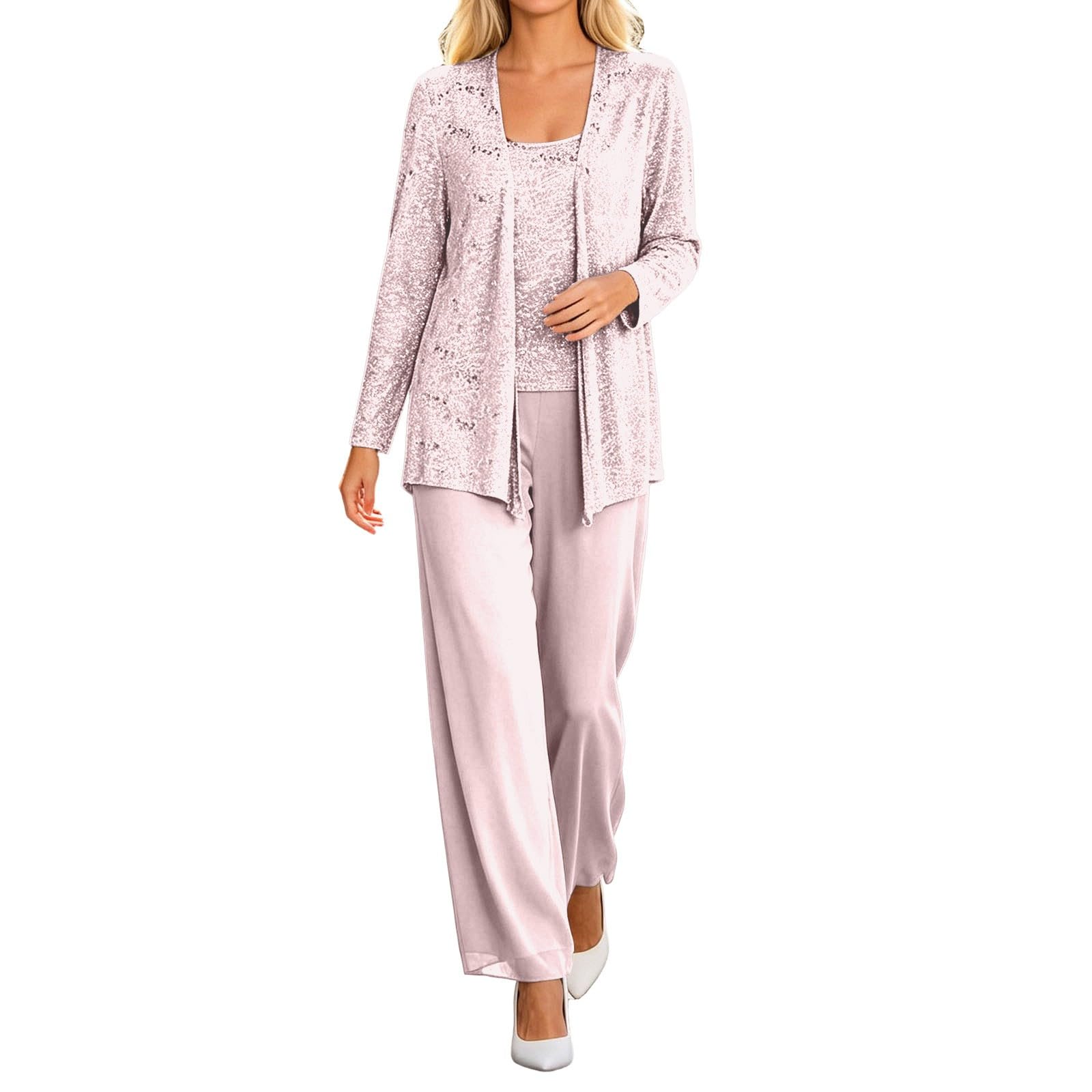 Completo elegante a tre pezzi composto da cardigan in pizzo e pantaloni.