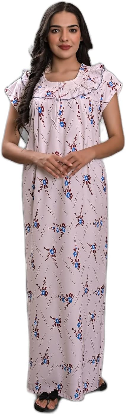 Indian Handicraft Palace Women's/Girls Hosiery Cotton Printed Maxi/Night Gown/Nightwear/Nighty/Sleepwear-05 White, White, Free Size
