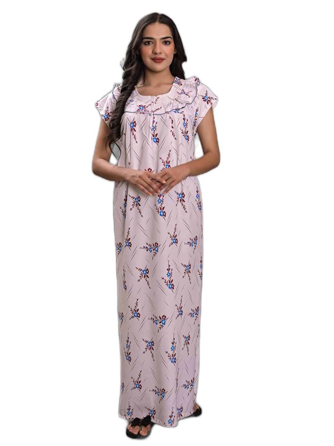 Indian Handicraft Palace Women's/Girls Hosiery Cotton Printed Maxi/Night Gown/Nightwear/Nighty/Sleepwear-05 White, White, Free Size