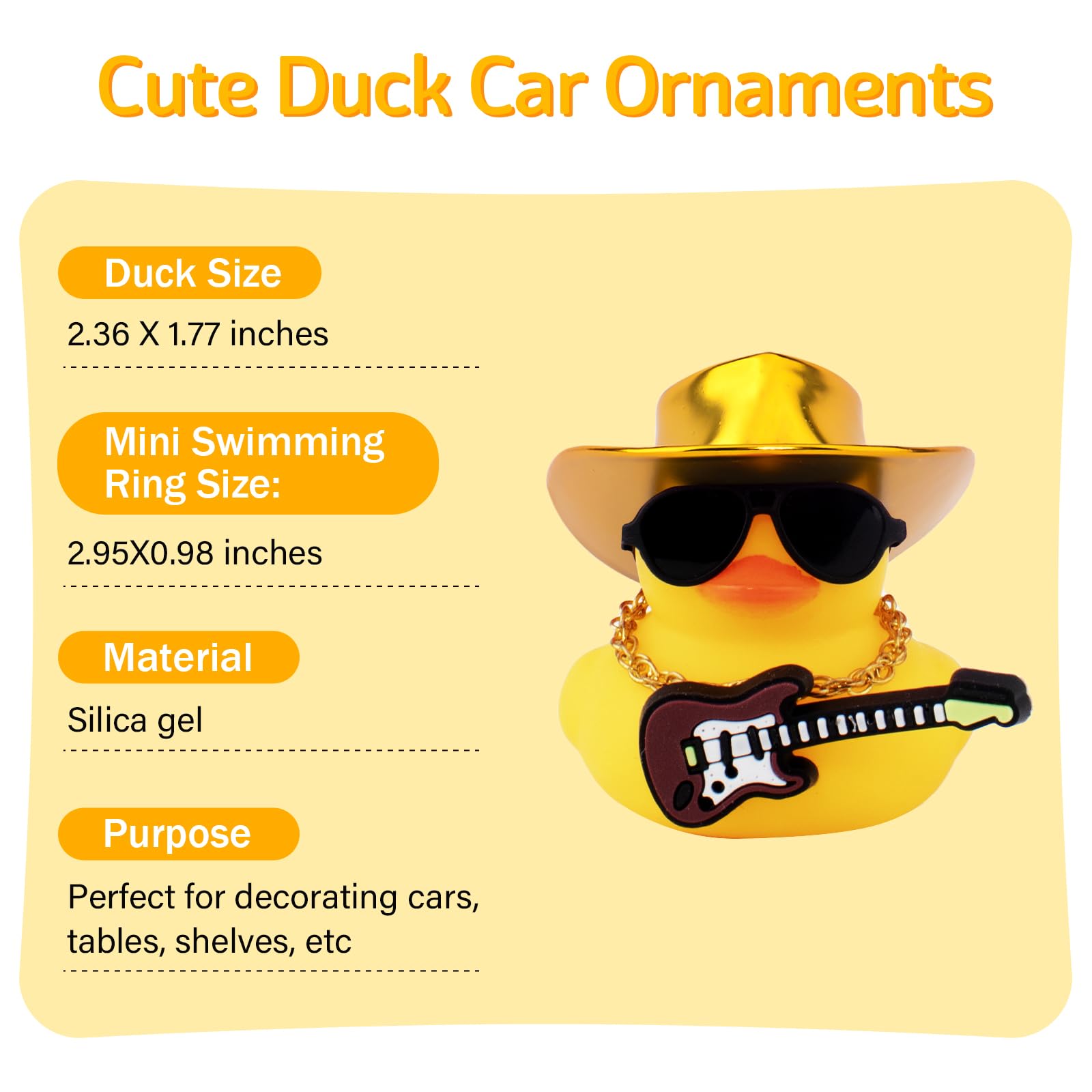 Wonuu Cowboy Guitar Rubber Duck Car Decor - With Hat, Sunglasses, Necklace & Tape, Blue, Squeaky Fun
