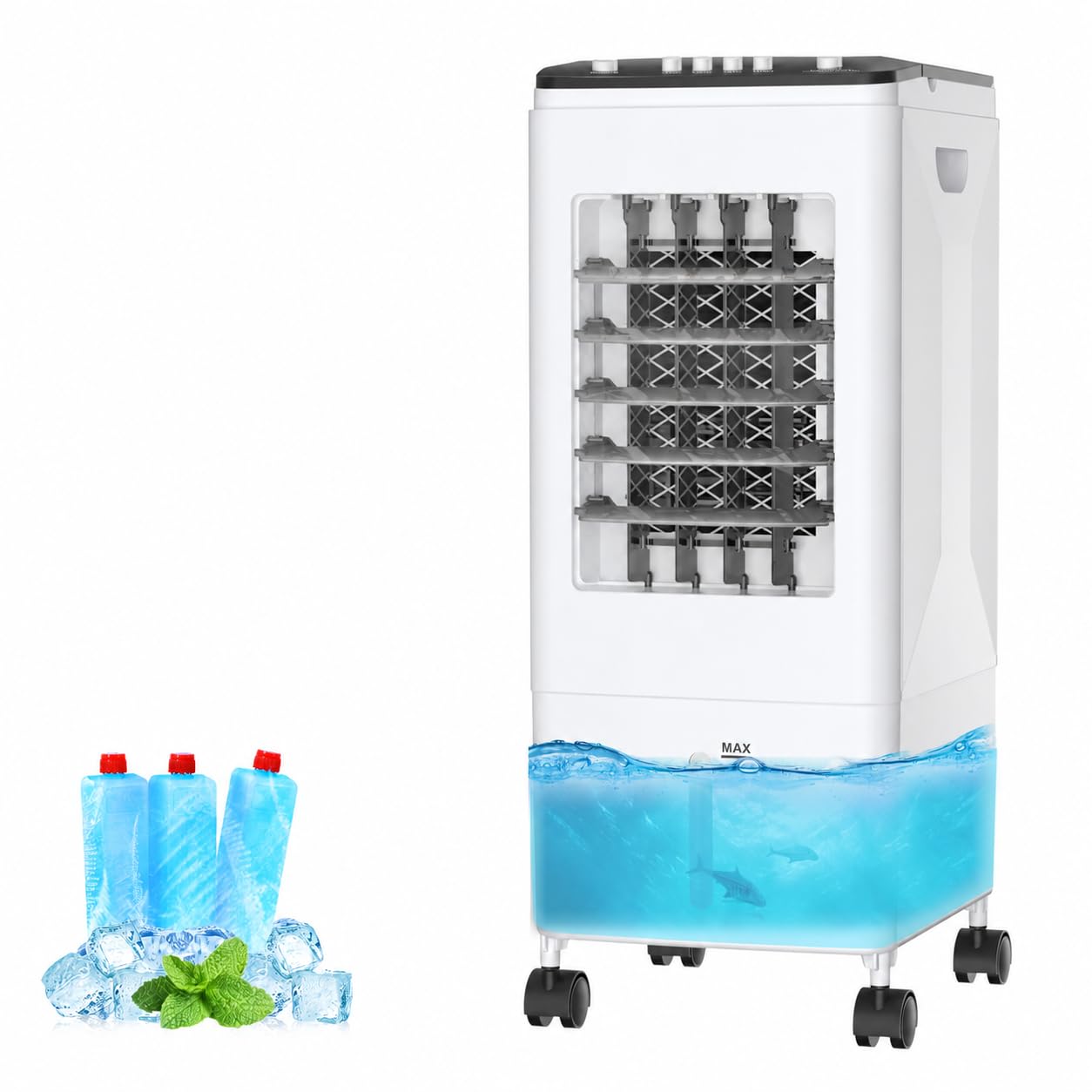 Mobile Klimaanlage 3-in-1 mit 6L Wassertank, Luftkühler mit 3 Kühlakkus, Ventilator und Luftbefeuchter, 60W Energiesparend, 35dB Leise, 60° Oszillation, 3 Geschwindigkeiten für Zuhause und Büro