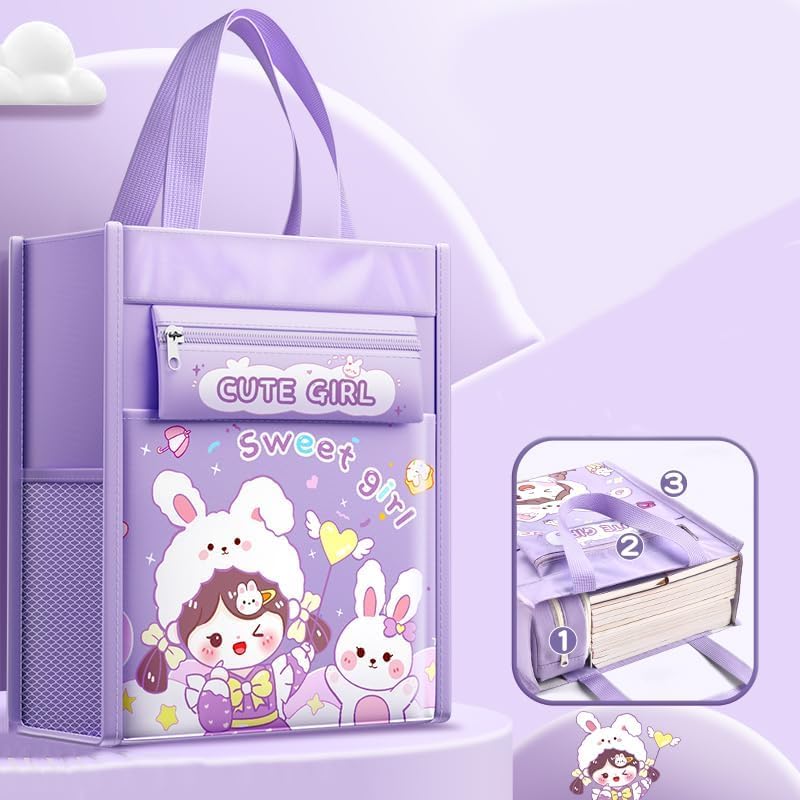 Image of Print Delight Handbag /Tutor Bag for Girls, Test Paper Book Storage Bags Kids Handmade Art Supplies Bag Thick Waterproof Portable Storage Bags for Kids (Cute Sweet Girl Pouch Bag)