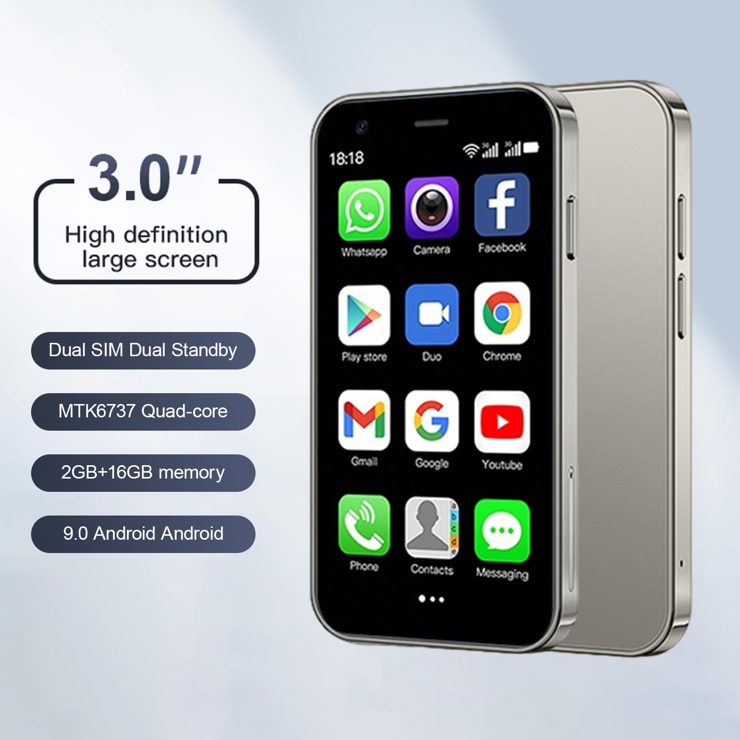 Mini Phone Unlocked 3.0" Compact Smartphone Android 9 Quad-Core Dual SIM Face ID 2GB+16GB (Up to 128GB SD) 3G 5MP+5MP Dual Cameras (Black) - 4