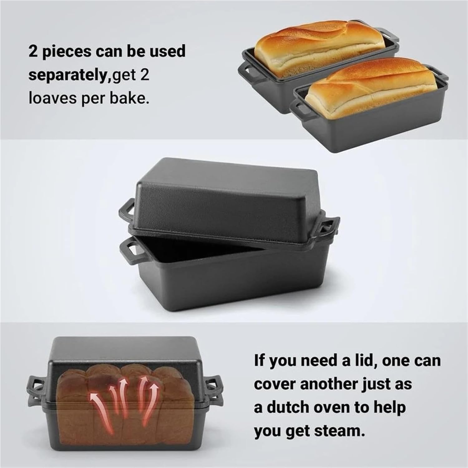 Cast Iron Loaf Pan with Lid 2 Piece Set for Homemade Bread, Cake & Meatloaf with Even Heat Distribution