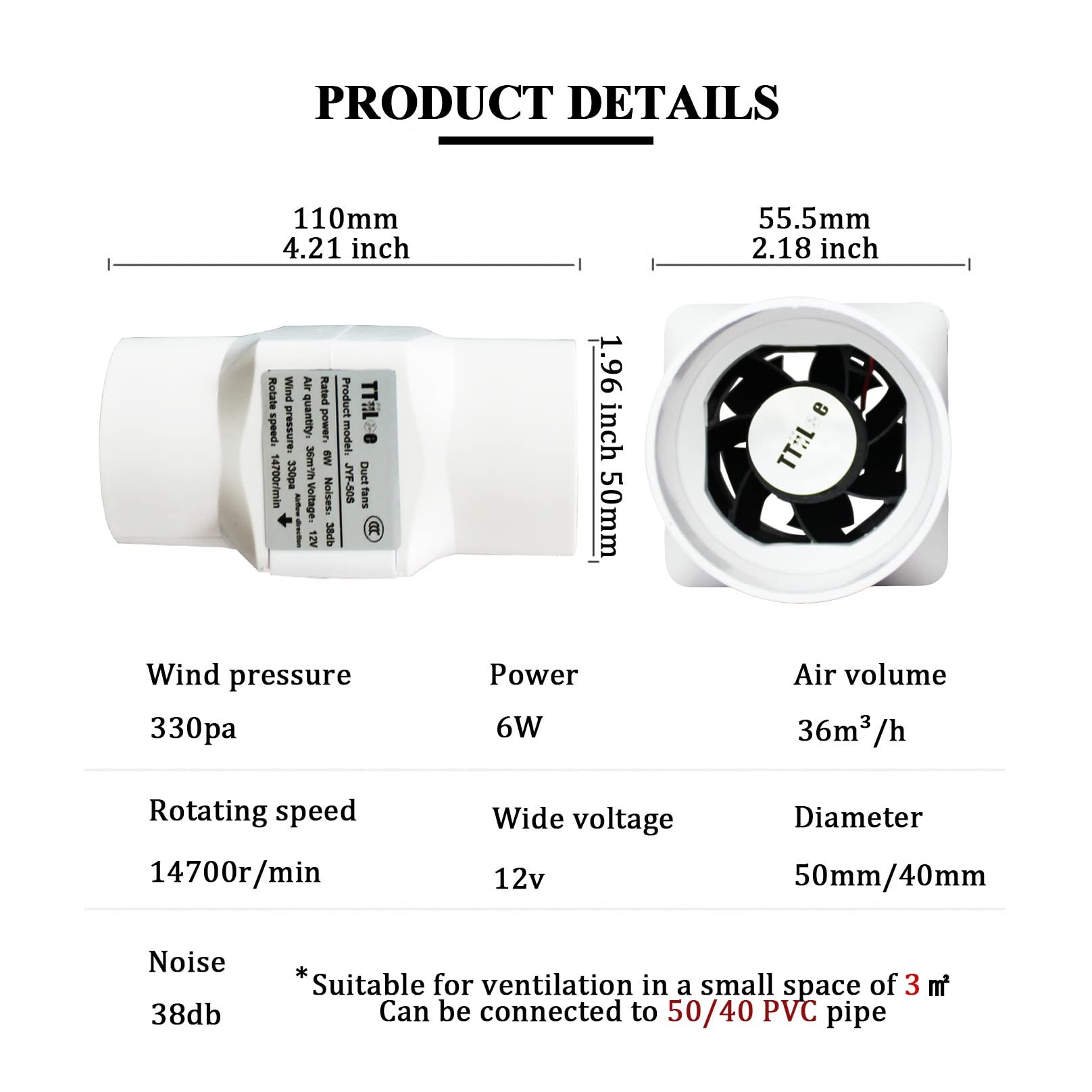 50 mm 2 cale Mały wentylator kanałowy z 40 mm interfejsem rur PVC 6 W 12 V 22 CFM Wentylacja do wzmacniania sklepienia piwnicy, szklarni, strychu, kuchni (Kolor: prędkość regulowana, Rozmiar: 50 mm/40