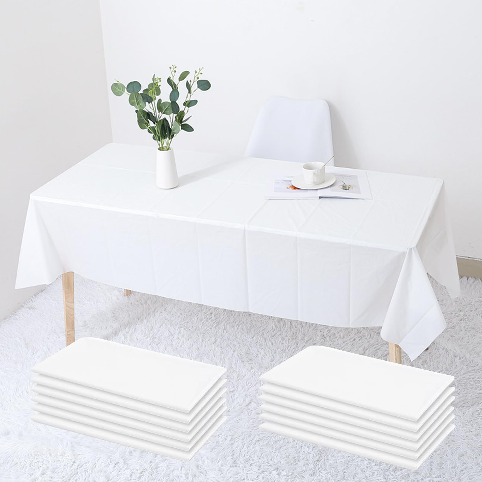 Janety 12 Packs Disposable Tablecloths, 137 x 274cm White Waterproof Plastic Tablecloth